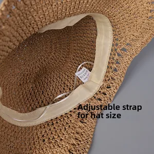 Detail of adjustable inner strap and breathable paper fiber weave on straw hat