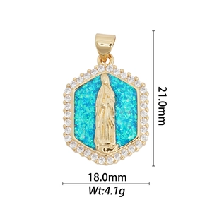 Detail of 18k gold plated hexagonal pendant with blue opal and zirconia, 21x18mm size