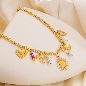 18k gold plated stainless steel necklace featuring sun charms and shell pendants