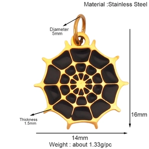 Technical drawing of stainless steel spider web pendant with size and weight metrics