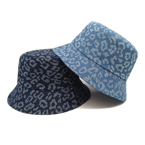 Denim leopard print bucket hat for women in dark and light blue stylish leopard pattern