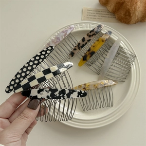 Acetate hair side combs set featuring marble patterns and checkered designs for women