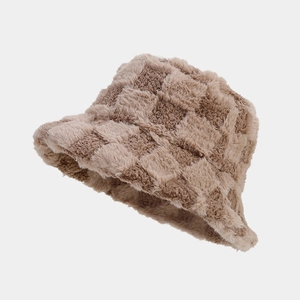 Detailed close-up of khaki checkerboard plush bucket hat showing fuzzy faux fur texture