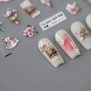Floral relief nail art stickers with pink peach blossoms and vintage tea cup designs