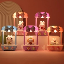 Detail of cute bunny night light collection in pink, purple, and blue pastel tones