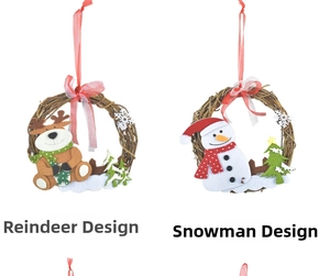 Detail view of handmade rattan Christmas wreaths featuring reindeer and snowman felt characters