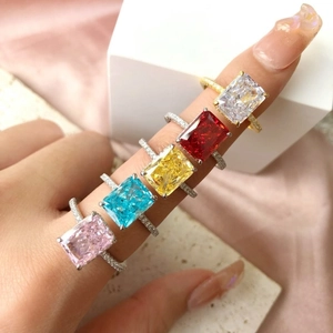 Detail of five S925 silver rings with colorful square-cut ice flower cubic zirconia