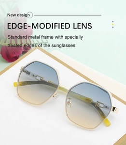Detail of blue-yellow gradient sunglasses with metal frame and edge-modified lens