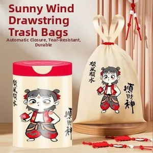 Close-up of drawstring trash bag with Chinese character prints and a wood base