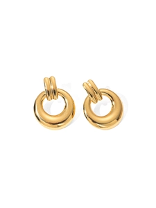 Detail of vintage gold round hoop earrings with triple vertical textured clasp texture