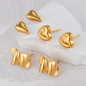 Three-pair set of minimalist 18K gold-plated stainless steel heart and wavy stud earrings
