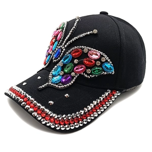Black baseball cap with sparkling colorful rhinestone butterfly and crystal brim accents