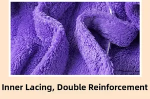 Detailed macro view of the inner drawstring tie and thick purple fleece of the bathrobe