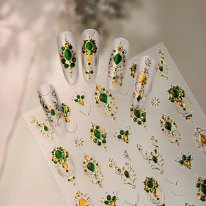 Retro emerald gemstone nail art stickers with vintage gold palace style embossed patterns