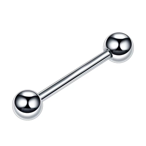 Macro detail of silver F136 titanium straight barbell with polished dual end balls