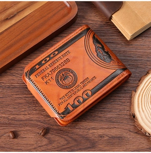 Macro detail of the embossed dollar pattern on vintage brown leather wallet