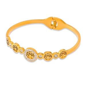 Vintage Hollow Out Tree Of Life Bangle For Women Titanium Steel Zirconia Inlaid Gold Plated Cuff Bracelet Jewelry Gift