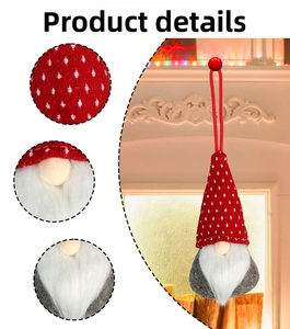 Detail of Christmas gnome ornament with red polka dot hat and white faux fur beard