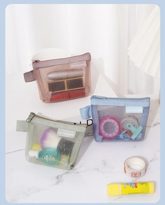 Detail view of minimal nylon mesh coin pouches showing transparent texture and storage space.