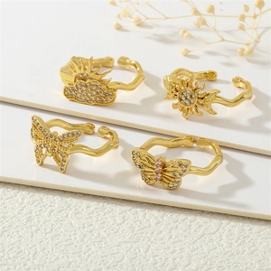 Luxurious 18K gold plated butterfly and sun open rings with sparkling zircon inlay
