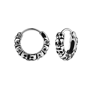 Retro punk skull huggie hoop earrings for men in vintage stainless steel finish