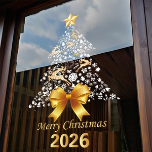 Goldener Weihnachtsbaum Fensteraufkleber mit Rentieren und Schneeflocken für Glasdeko