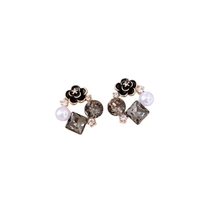 French vintage earrings with black camellia, crystal, and pearl in gold-tone setting