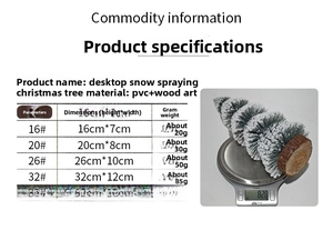 Detailed size chart for mini snow-dusted cedar Christmas trees with wooden base