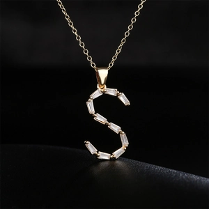 18K gold plated copper necklace featuring a letter S pendant with zircon stones