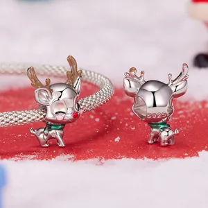 Front and back view of S925 sterling silver Christmas reindeer charm for DIY bracelets