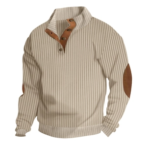 Detail of men's beige ribbed sweater showing the stand collar and buttoned placket