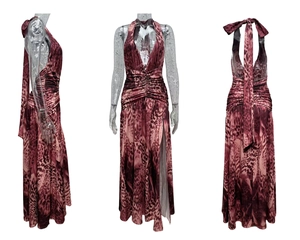 Detail of leopard print maxi dress featuring neck tie, waist ruching and side split