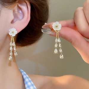 Flower Tassel Drop Earrings With 925 Sterling Silver Earring Post Alloy Zircon Teardrop Elegant Fashion For Women