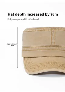 Detail view of khaki cotton military cap featuring a 9cm deep side wall and vintage wash