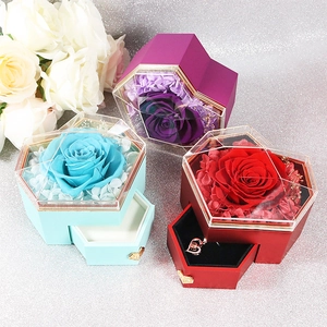 Preserved rose jewelry gift box with drawer and heart necklace in red, blue, and purple