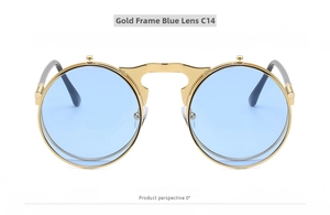 Steampunk flip-up round sunglasses with gold metal frame and blue lenses from 0° front view
