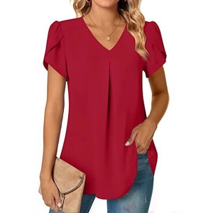 Elegant deep red V-neck chiffon shirt with ruffle sleeves and pleated detail