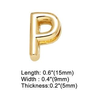 Macro detail of gold-plated letter P charm with 15x9mm dimensions for DIY jewelry
