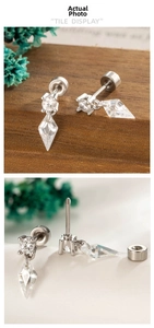 Macro detail of geometric zircon pendant with stainless steel screw-back ear stud fastener