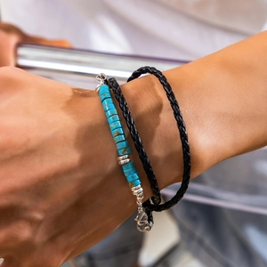 Men's braided black leather bracelet and turquoise bead chain with silver clasp