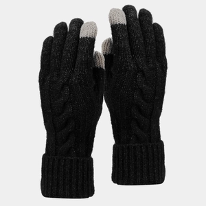 Detail of cable knit gloves with touchscreen-compatible fingertips and ribbed cuffs