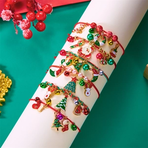 Christmas Braided Bracelet With Alloy Enamel Charms Reindeer Tree Bells Adjustable Festive Holiday Gift For Women