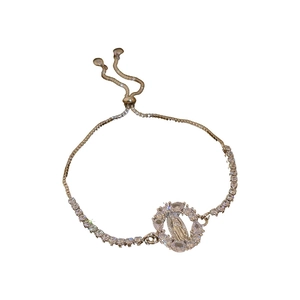Adjustable gold bracelet with zircon oval Virgin Mary pendant and tennis chain design