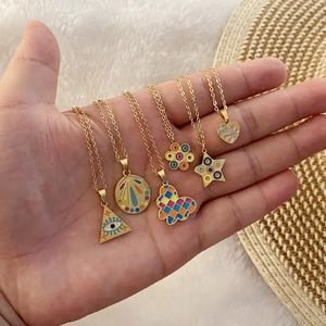 Stainless Steel Gold Plated Enamel Pendant Necklace For Women Colorful Butterfly Flower Heart Star Evil Eye Geometric Jewelry