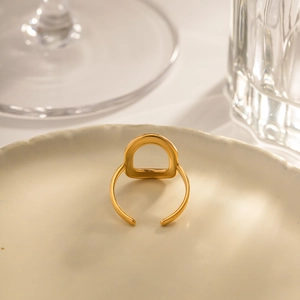 18K gold plated stainless steel open geometric ring with hollow rectangular design