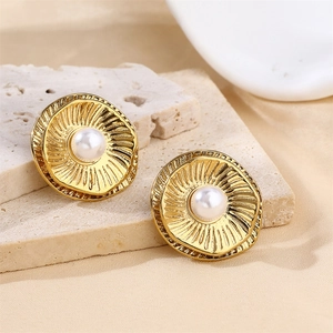 Stainless Steel Stud Earrings With Faux Artificial Pearl Gold Plated Vintage Geometric Flower Textured Circle For Women Fashion
