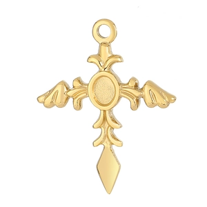 Golden cross pendant necklace with vintage angel wings design in polished titanium steel