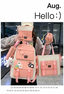 Detailed five-piece nylon school backpack set in pink and beige with cute bear charms