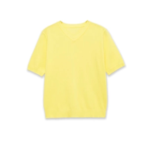 Women V Neck Short Sleeve Knit Top Polyester Acrylic Solid Color Casual Elegant Summer Knitwear Sweater