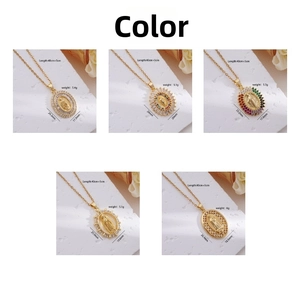 Detail view of five Virgin Mary necklaces featuring colorful zircon stones and 18k gold plating